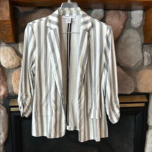 Carole Wren White & Grey Striped Open Front Rouched Sleeve Blazer, Size L